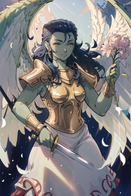 00754-1719151822-_lora_Gabriel_1_, SMTGabriel, armor, holding sword, holding flowers, arms outstretched, serene expression, wry smile, angel wing.png